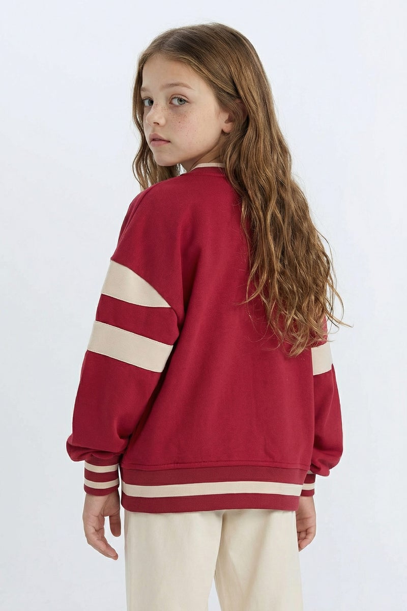 DeFacto Red Girl Girl College Collar Printed Snap Closure Soft Furry Inside Bomber Jacket Casual - Image 4